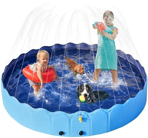 Yaheetech Foldable Dog Paddling Pool with Sprinkler Collapsible Dog Swimming Pool Doggie Wading Pool Bathtub Outdoor Suitbale for Puppy/Small/Medium/Large Dogs 180cm, Blue