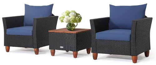 COSTWAY 3 Piece Rattan Furniture Set, Sectional Patio Bistro Set with 2 Cushioned Sofas and 1 Acacia Table, Outdoor Wicker Weave Conservatory Table Chairs for Garden Poolside (Navy)
