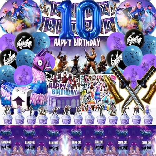 104 Stück Fortnit Geburtstagsdeko 10 Jahre, Fortnit Luftballon, Fortnit Party Deko, Fortnit Geburtstag, Gaming Deko, Fortnit Kuchen Deko, Aufkleber, Happy Birthday Banner, Kinder Geburtstag Party