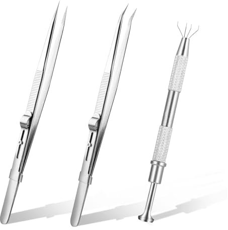 DHWEKU 3 Stück Diamant Locking Pins Schmuck Pinzette Diamant Halter Pick up Tool Edelstahl Pinzette Kit Prong Klaue Pinzette Abgewinkelte Grabber für Stein Diamant