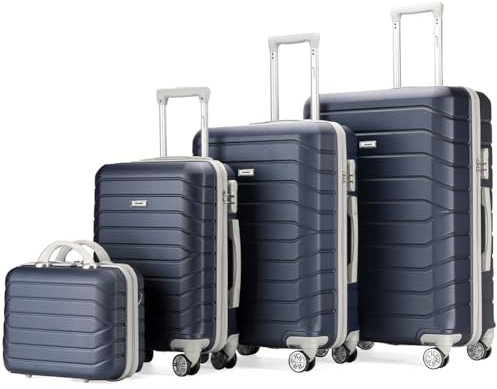 PROVITERA 4-teiliges Kofferset, Hartschalenkoffer aus ABS mit Beautycase, Teleskopgriff, Easy-Roll-Rollen, Trolley mit Schloss, Handgepäck, modernes Design, blau, 50 x 28.5 x 75 cm