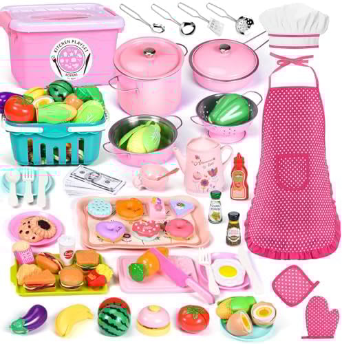140Pcs Play Kitchen Accessories, Kids Kitchen Playset, Pretend Play Food Tea Party Set, Toy Kitchen Kids Cooking Real with Apron&Chef Hat, Utensils Cookware Pots&Pans, Toy Organizer, Toddler Toys Gift