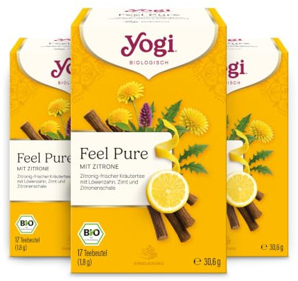 Yogi Feel Pure mit Zitrone Tee, frisch-spritzig, 3x17 Beutel (51 Teebeutel) | Ayurvedischer Bio Kräutertee, von Natur aus Koffeinfrei, würzig mit Löwenzahn, Zimt und Zitronenschale, für innere Erneuerung