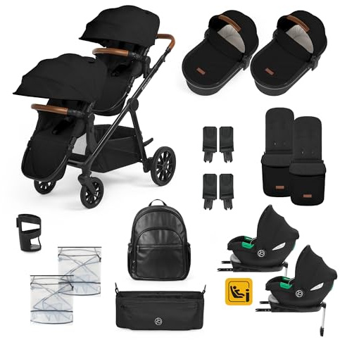 Ickle Bubba Virgo 18 Piece Travel System with 2 Cirrus Car Seats (Black) | Tandem Pushchair with 17 Configurations, Footmuffs, Rain Covers, Changing Bag & Accessories