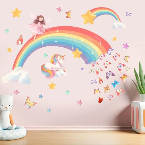 Regenbogen Wandtattoo Einhorn Wandaufkleber für Mädchen: Abziehen und kleben Einhornio Fee Wolke Wandabziehbilder - Wand kunst Dekor Kinder Produkte Alter 1-12 Jahre