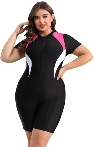 EFOGEP Plus Size Swimwear for Women: Ladies Swimming Costume Long Sleeve Zip Up Rash Guard High Stretchy Boyleg One Piece Swimsuit Surfing Modest Bathing Suit with Chest Pads Color Block Pink 3XL