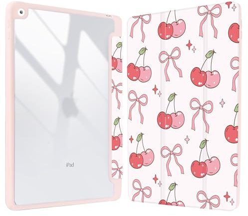 Vozehui 10.2 inch Cherry Bowknot Case for iPad 9th/8th/7th Generation Case with Clear Back Shell w/Pencil Holder,Tri-fold Stand Protective Cover w/Auto Sleep Wake for 10.2 inch 2021/2020/2019