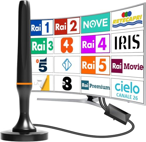 Antenna TV digitale interna, ricezione a lunga distanza, antenna TV portatile con base magnetica resistente, supporta 4K 1080p VHF UHF DVB-T/DVB-T2