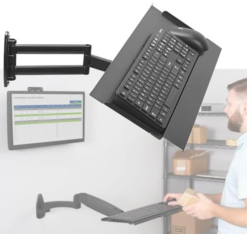 Ergonomic Adjustable Wall-Mounted Keyboard Tray - Full Motion Swivel & Tilt Spring Arm 24x9 Metal Typing Platform for Sit-Stand Workstations Sleek Black Finish