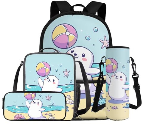 COEQINE Set di borraccia, grazioso zaino per il pranzo, per ragazze, 4, 6, 8, 10, con porta pranzo e astuccio morbido per matite, 4 pezzi, Animale Sigillo Cartoon