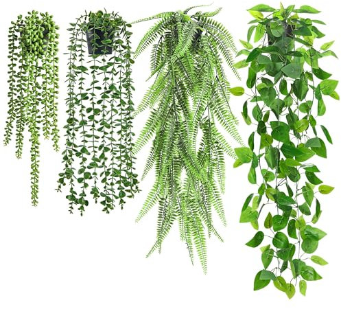 BTSD-home 4 Stück Kunstpflanze Künstliche Pflanzen Fake Plant Für Wohnzimmer Wanddeko Zimmer Deko Inne und Außendekor Mit Efeutrauben Künstlichem Eukalyptus Bostonfarn Und Perlenkette