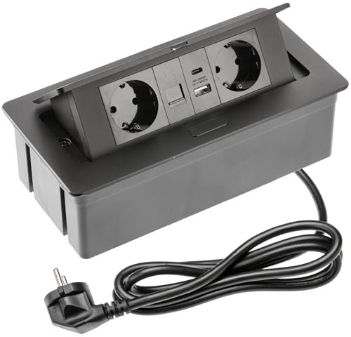 GTV Prise encastrable Multisoft Noire avec 2 Prises Schuko, USB A+C, RJ45, escamotable avec Couvercle, câble de 1,5 m, idéal pour Bureau, Table de conférence ou Plan de Travail de Cuisine