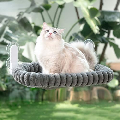 GUUSII HOME Foldable Cat Window Bed Indoor Hammock Perch for Large Cats Cordless Hanging Kitten Seat Shelf with Suction Cups Reversible Soft Plush Cushion Machine Washable 54 * 30cm (Grey，M)