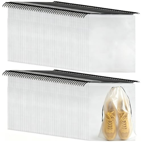 PLULON 100 Pcs Clear Shoe Bags for Travel Clear Travel Shoe Bag for Packing | Waterproof Dustproof, Travel Storage Accessories, Plastic Drawstring Shoe Bag Bulk, Portable Travel Beach Essentials, 30x40cm