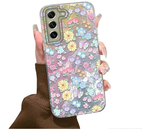Tedyhulle für Samsung Galaxy S21 5G Hülle, Weich TPU Rahmen Harter PC-Rückseite Case mit Blume Motiv, Dünne Bunt Handyhülle Stoßfeste Schutzhülle für Frauen Mädchen Ästhetischer Glitzer