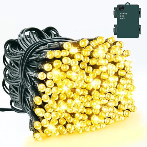 Dalugo Outdoor Battery Fairy Lights, 10M 100 LED Warm White String Light with Timer, IP65 Waterproof Battery Operated Christmas Lights for Indoor Outdoor Christmas Decorations, Green Wire