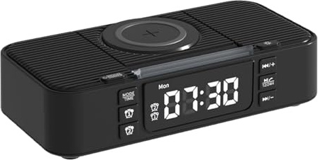 MALSSE Station de charge pour haut-parleurs avec radio-réveil, 7 veilleuses réglables et support de téléphone pour la maison, les voyages, les voyages