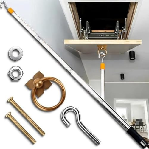 Attic Ladder Pull Down System Kit, 60-Inch Stainless-Steel Extension Pole, Loft Ladder Pole with Hook,Replacement for Attic Pull Down Cord