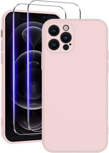 Qasyfanc Soft Silicone Case for iPhone 12 pro, Pink | 2 Tempered Glass Screen Protectors, Shockproof, Dust-proof, Full Protection, Cover with Anti-Scratch Microfiber Lining