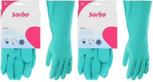 Sorbo Latexfreie Haushaltshandschuhe – Größe M – 1 Paar – Aus Nitril – Antiallergisch, wiederverwendbar & reißfest – Extra langer Schaft – Rutschfest – Für Reinigung & Spülen geeignet (Packung mit 2)