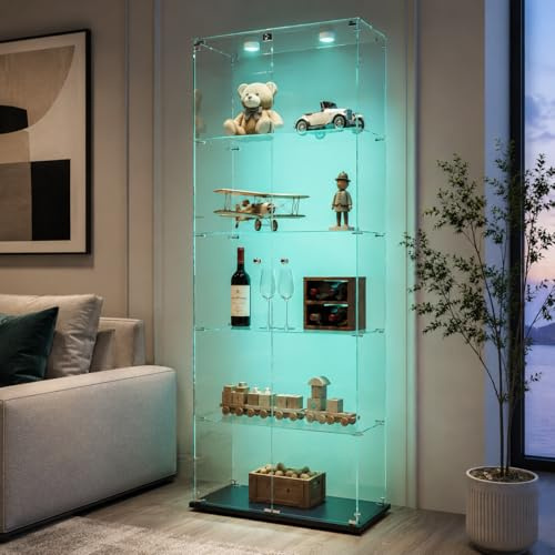 BLSYHDH Vetrina in vetro con LED, Armadio vetrina per collezione con 2 ante 5 ripiani trasparente mobile vetrina vetro vetrine figurine armadio soggiorno bar (5 piani 2 ante+LED-2, nero)