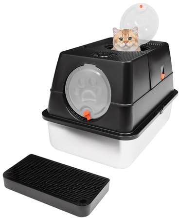 Geschlossene Katzentoilette mit Deckel – Geruchsdichtes Katzenklo mit Edelstahl-Wanne & Aktivkohlefilter, Extra Groß für alle Katzen bis 10kg (Schwarz)