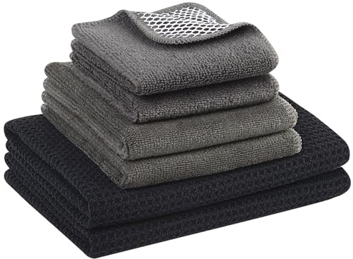 VIVOTE Mikrofasertücher Set, Waschbare Spüllappen, Schwarz Geschirrtücher | Weiche und Saugfähige Premium Geschirrhandtücher, Dicke Haushalts Putzlappen, Vielseitiges Küchenhandtücher Set, 6 Stück
