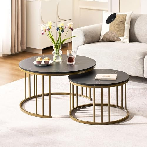 CLIPOP 2er Set Couchtisch rund, Marmoreffekt, Metallrahmen, Schwarz | 70×70×45 cm + 50×50×38 cm, stapelbar, platzsparend, für Wohnzimmer, modernes Design, stabil