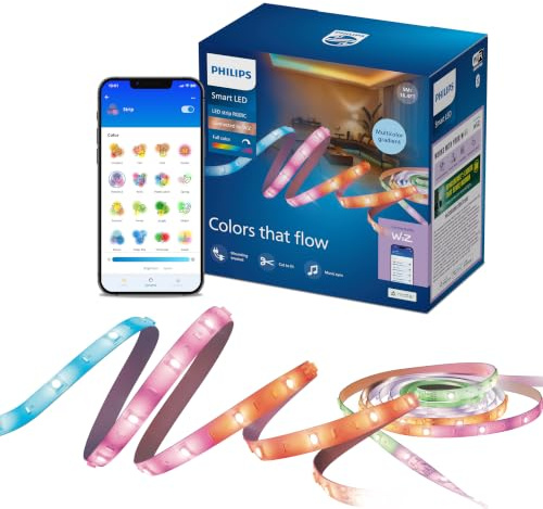 Philips Smart Lighting Tira Luces LED RGBIC, 5 m, Tipo C, Efectos de Iluminación Dinámicos Multicolor, Recortable, Fácil de Instalar, Conexión Wi-Fi, Connected by WiZ, Google Home, Alexa, Apple Home
