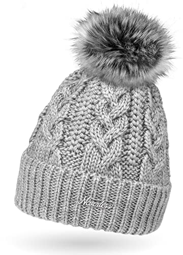 Neverless Damen Strick-Mütze gefüttert mit Kunst-Fell-Bommel, Winter-Mütze, Bommelmütze, Hellgrau Unisize