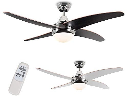 MiniSun | 48 / 122cm Silver Chrome and Dark Wood Blade Ceiling Fan with Frosted Opal Shade | Home Décor, Bedside & Desk Lamp | Includes Remote Control