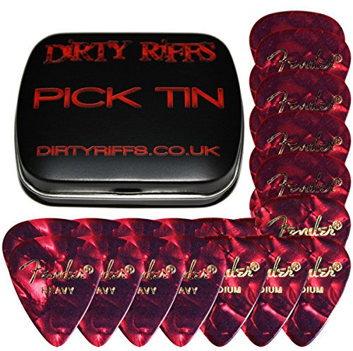 Fender Celluloid Guitar Picks/Plektren – 24 x Rot Moto – 8 x dünn, 8 x mittel, 8 x schwer – 351 in Plektrumdose