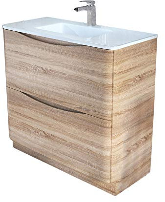 The Bath People Eaton Light Ash Bathroom Furniture Floor Standing Vanity Unit Soft Close Drawers With White Glass Basin- 900mm