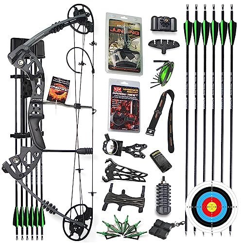 HNZMDY Compoundbogen Set Jagdbogen 30-70lbs Einstellbar Jagdbogen mit Bogen Zubehör Erwachsene Compound Bögen Bogenschießen Jagd 320 FPS Rechtshänder (Schwarz Bogen + 6X Pfeile)