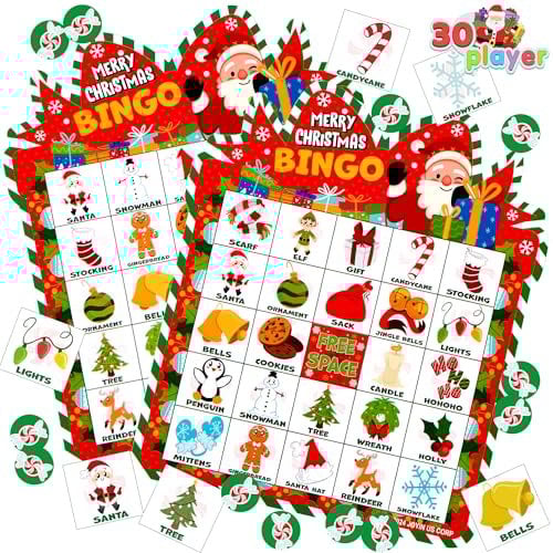 JOYIN Weihnachts-Bingokarten (5 x 5) für 28 Spieler, für Familienaktivitäten mit Kindern, Party-Kartenspiele, Spiele für die Schule, Party-Geschenke zum Thema Truthahn. (Weihnachtsmann)