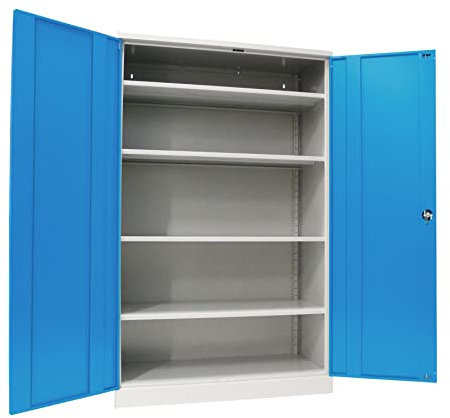 Schrank & Stuhl Werkzeugschrank Koloss – Werkstattschrank mit 4 höhenverstellbaren Fachböden, Stahlschrank für Werkzeuge, 195 x 120 x 60 cm (H x B x T), Grau/Lichtblau