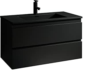 Badezimmer Badmöbel Set Angela 90 cm - Schwarzes Waschbecken - Matt Schwarz - Unterschrank Schrank Waschbecken Waschtisch