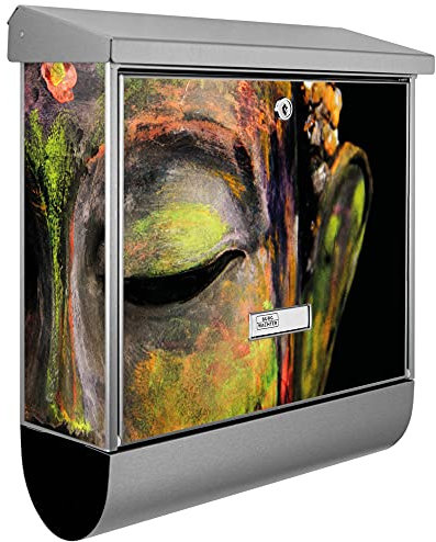 banjado® Burgwächter Briefkasten Edelstahl 38x39x12cm mit Motiv Bunter Buddha/Briefkasten Edelstahl ohne Zeitungsfach/Briefkasten grau/Postkasten inkl. Montagematerial & 2 Schlüsseln