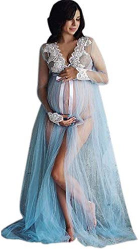 Vuncio Robe de Maternité Femmes Enceintes - Dentelle à Manches Longues Maxi Vêtements de Shooting Photo à Lacets - Été Longue Photographie Grossesse Soirée Mariage Cérémonie Cocktail