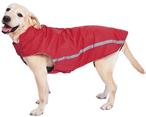 Wasserdichter Hundemantel Hundejacke mit Kragenloch Klettverschluss Fleece gefüttert reflektierender Wintermantel für mittelgroße große Hunde Rot 6XL