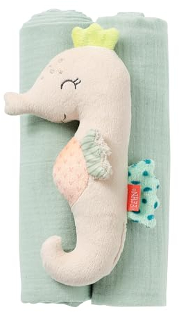 Fehn Greifling Seepferd mit Musselintücher - Motorikspielzeug zur Förderung der Motorik & Sinne - ideales Baby Spielzeug als süßes Kuscheltier mit Rassel & Musselin - Geschenk zur Geburt ab 0+ Monaten