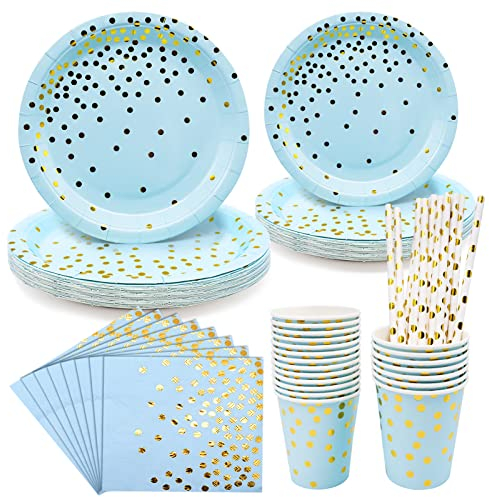 20 Invités Vaisselle de Fête Anniversaire Enfants, Bleu Or Fête avec Pois Dorés Vaisselle Jetable Papier, Assiettes Carton Serviette Paille pour Mariage Fêtes Anniversaire Douche Nuptiale Noël