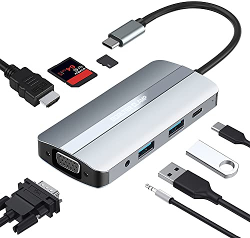 BorlterClamp USB C Hub, 8-in-1 USB C Docking Station Multiport Adapter mit 4K HDMI, VGA Adapter, 100W PD, 2 USB Ports, SD- und microSD-Kartenleser, 3,5mm Audioanschluss für MacBook, XPS, und mehr