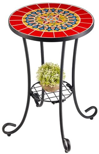 VONLUCE Mosaic Side Table and Plant Stand, Bedside Table with 36cm Ceramic Tile Top for Patio Garden Furniture, Mosaic Accent Table with Shelf, Living Room End Table, Red