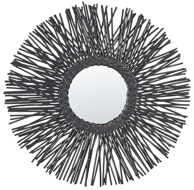 Round Modern Rattan Frame Wall Mirror Sunburst Braid ø 60 cm Black Kalasin