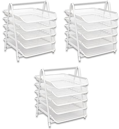 OSCO White Wire Mesh 5 Tier Letter Tray | 3 Pack | A4 | Desk File Organiser | Paper Storage | Office Document Sorter | Paperwork Filing | Easy Assembly | H37.3 x W29.5 x D34.0 cm |