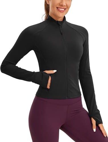 CRZ YOGA Women's Butterluxe Full Zip Running Jacket Pockets Outdoor Sports Cropped Jackets Gym Long Sleeve Top with Thumb Holes Black 12