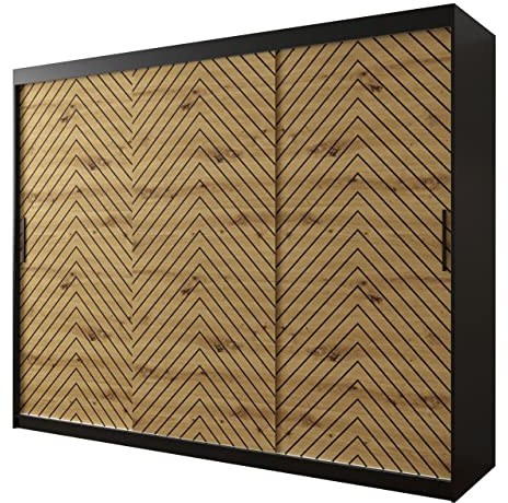 Kleiderschrank Snoter I, Schwebetürenschrank mit 2 Kleiderstangen, Fischgrätenmuster, Schiebetürenschrank für Schlafzimmer, Garderobe (Modell 250, mit Schubladen, Schwarz/Artisan + Schwarz)