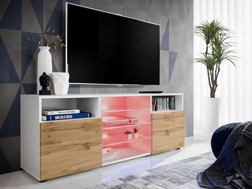 Komodee, TV-Schrank Urbino, Weiß/Wotan, Breite 140 cm x Höhe 53 cm x Tiefe 35 cm, LED RGB, 3 Glasböden, 2 Fächern mit Türen, 2 offenen Fächern für Wohnzimmer, Schlafzimmer