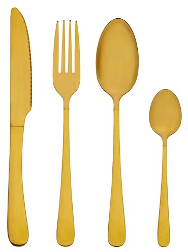 Baroni Home Set 24 pz Posate da Tavola in Acciaio Inox, Posate Color Oro con Manico Stondato per 6 Persone, Lavabili in Lavastoviglie, Forchetta, Coltello, Cucchiaio, Cucchiaino da The o Dolce